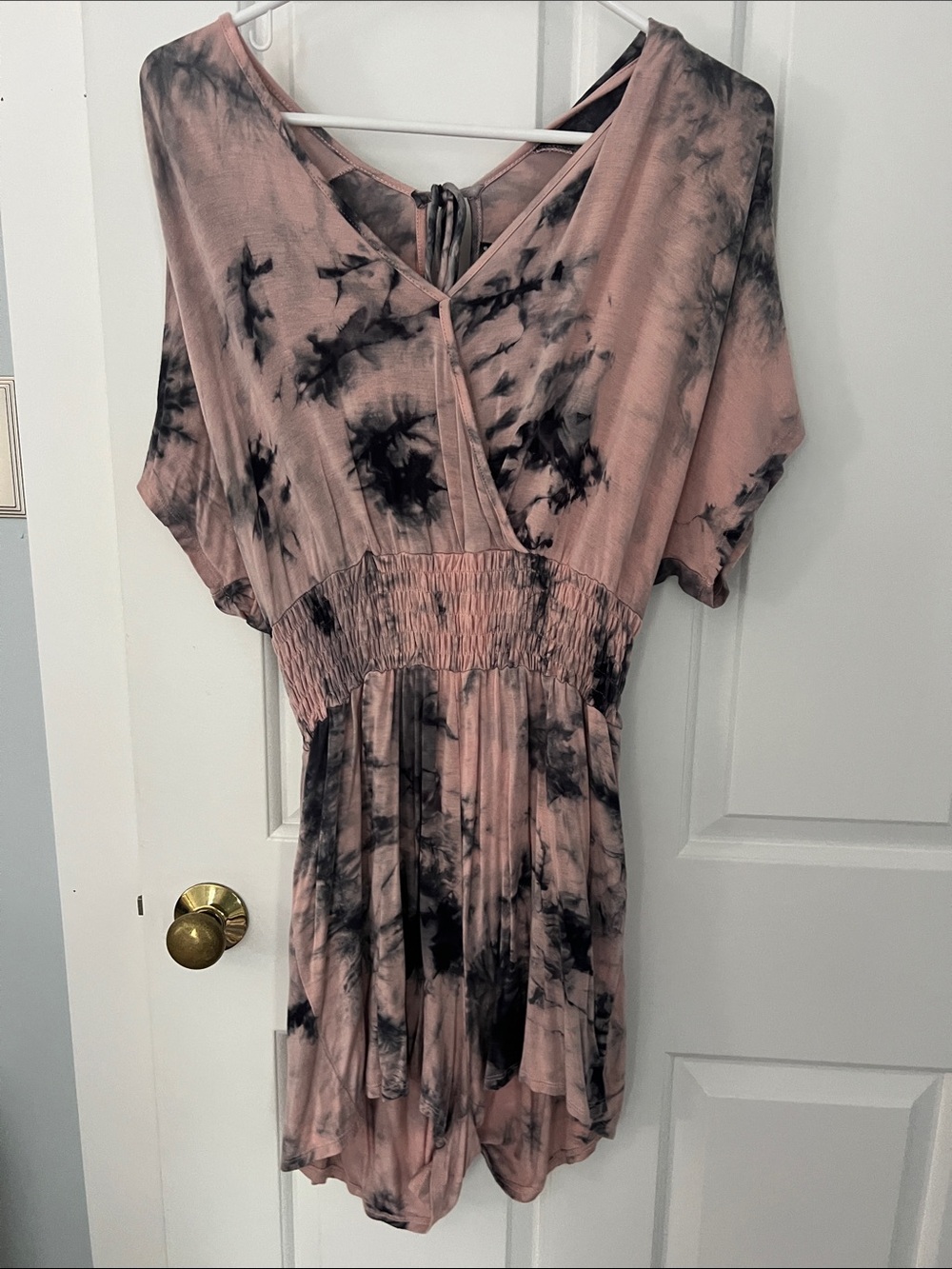 VENUS Pink and Black Tie-Dye V-Neck Smocked romper